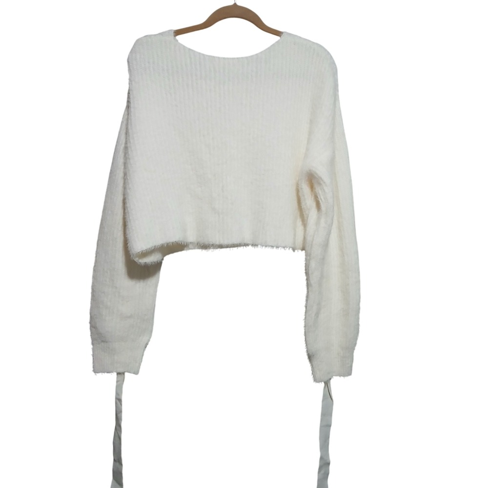 Idem Ditto Cream Fuzzy Knit Cropped Sweater S/M Pullover Tie Sleeve Trendy Soft - Picture 2 of 6